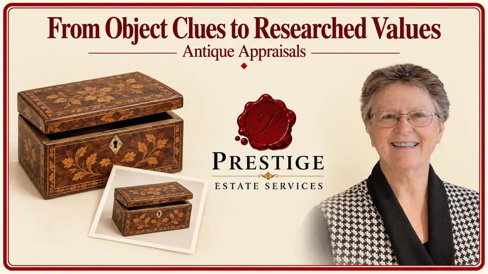 Antique appraisal illustrated by an antique marquetry box and matching photograph, an appraiser and the Prestige logo.