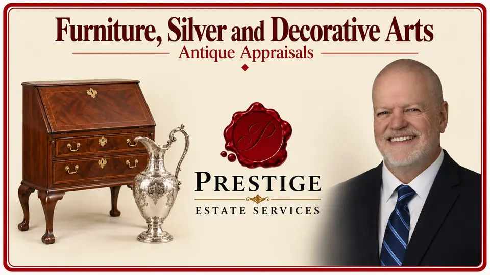 Antique appraisal illustrated by a mahogany writing cabinet and silver ewer, an appraiser and the Prestige logo.
