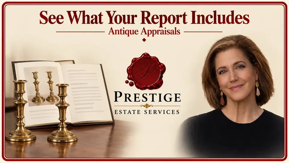 Antique appraisal illustrated by a pair of brass candlesticks and their report photograph, an appraiser and the Prestige logo.
