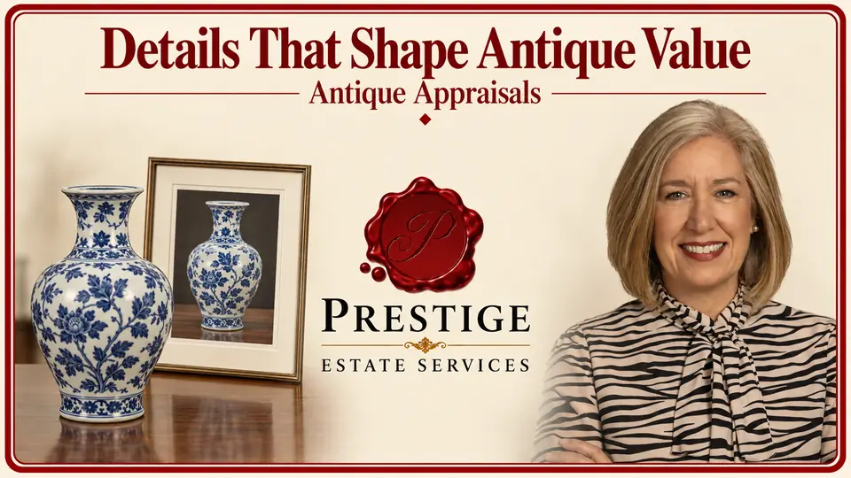 Antique appraisal illustrated by a porcelain vase and matching photograph, an appraiser and the Prestige logo.