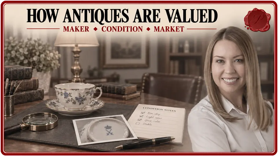 Appraiser beside a porcelain teacup, maker-mark photograph, magnifier and condition notes for antique valuation.