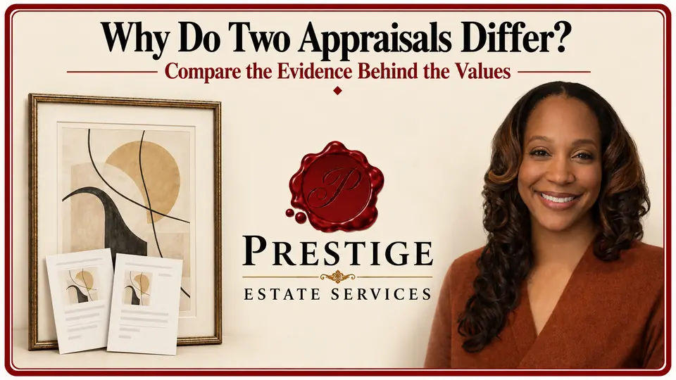 Framed artwork, two reports with matching artwork images and appraiser beside Prestige branding.