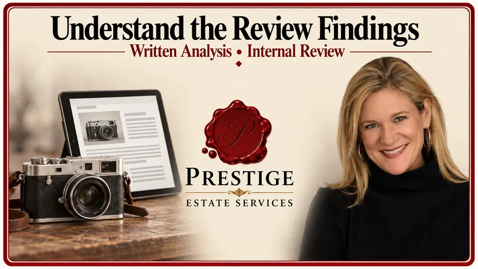 Vintage camera, tablet showing a report layout and appraiser beside Prestige branding.