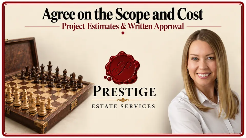 Carved chess pieces on a folding board and appraiser beside Prestige branding.