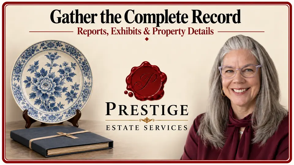 Blue and white porcelain charger, document folder and appraiser beside Prestige branding.