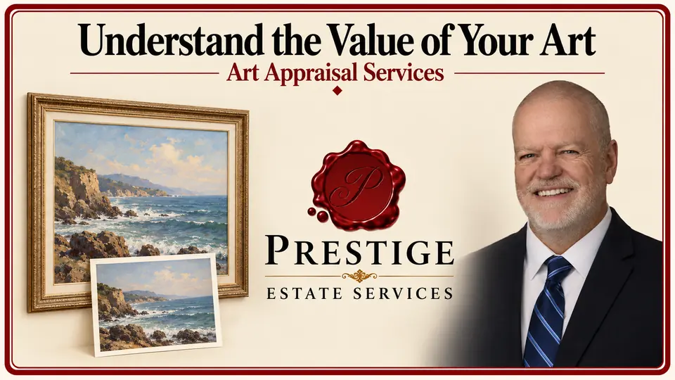 Art appraisal illustrated by a framed seascape and matching photograph, an appraiser and the Prestige logo.