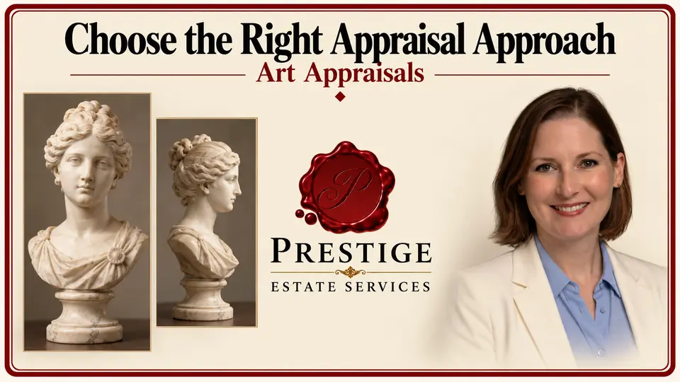 Art appraisal illustrated by a marble bust and matching front and side photographs, an appraiser and the Prestige logo.