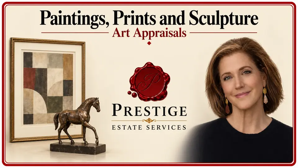 Art appraisal illustrated by an abstract painting and bronze horse sculpture, an appraiser and the Prestige logo.