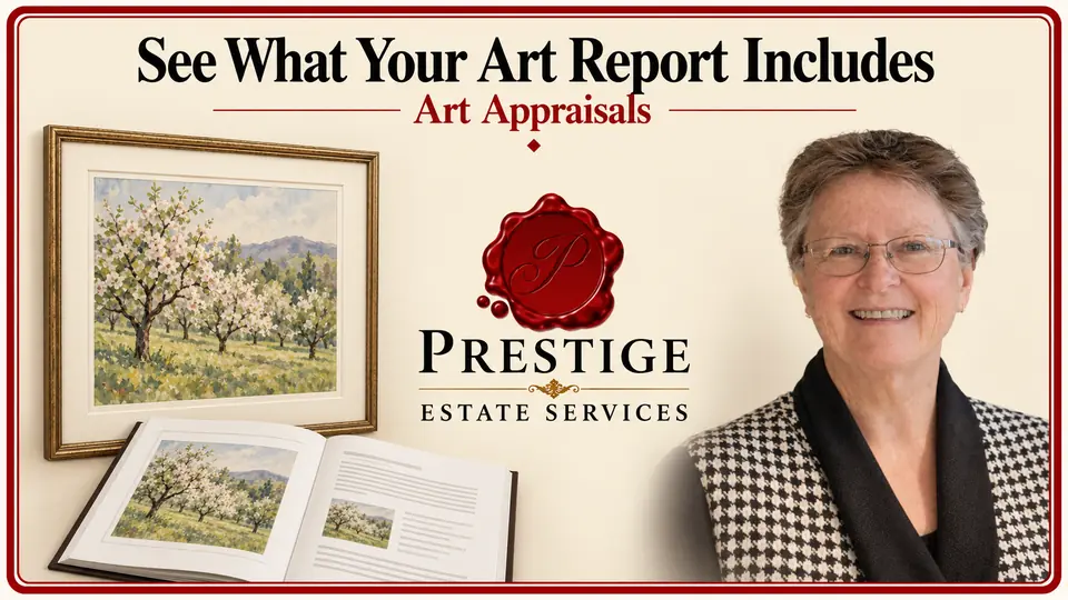 Art appraisal illustrated by a watercolor and its report photograph, an appraiser and the Prestige logo.