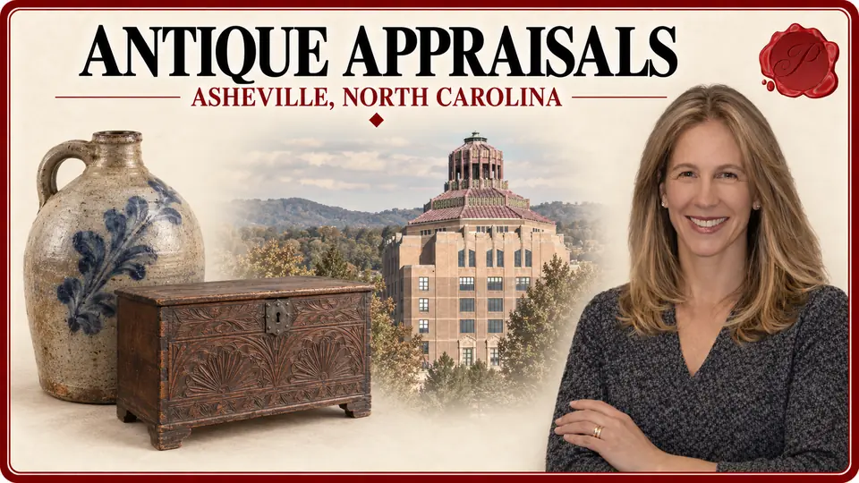 Antique appraisals in Asheville, North Carolina, with a stoneware jug, carved wooden chest, City Hall and an appraiser.