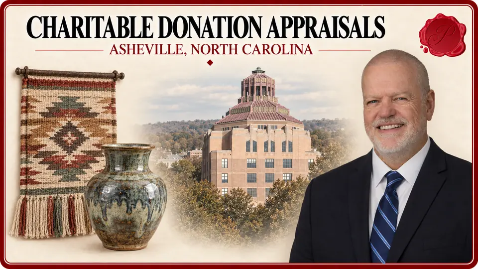 Charitable donation appraisals in Asheville, North Carolina, with a handwoven wall hanging, ceramic vessel, City Hall and an appraiser.