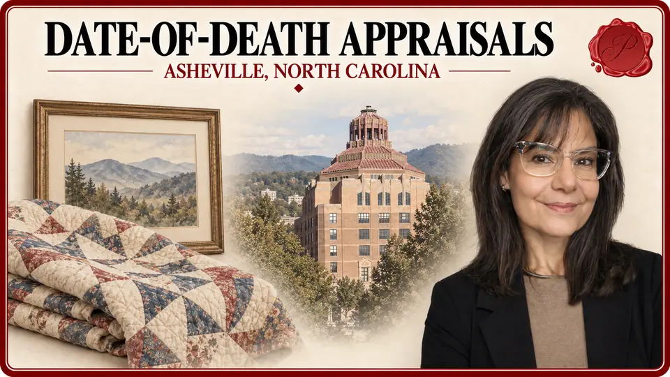 Date-of-death appraisals in Asheville, North Carolina, with a quilt, framed mountain watercolor, City Hall and an appraiser.