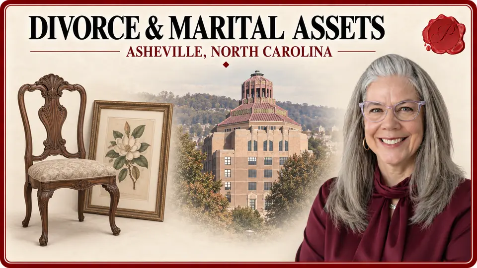 Divorce and marital asset appraisals in Asheville, North Carolina, with a carved dining chair, botanical print, City Hall and an appraiser.