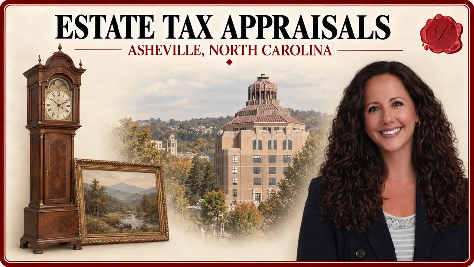 Estate tax appraisals in Asheville, North Carolina, with a tall-case clock, framed landscape, City Hall and an appraiser.