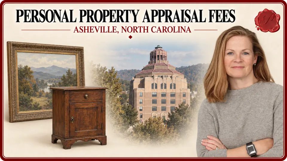 Personal property appraisal fees in Asheville, North Carolina, with a framed landscape painting, small wooden cabinet, City Hall and an appraiser.