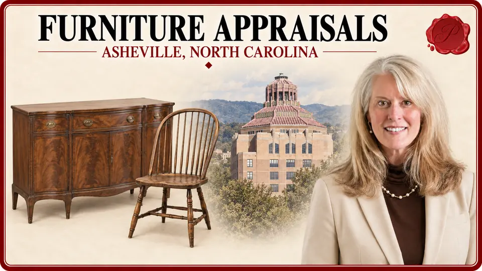 Furniture appraisals in Asheville, North Carolina, with a walnut sideboard, spindle-back chair, City Hall and an appraiser.