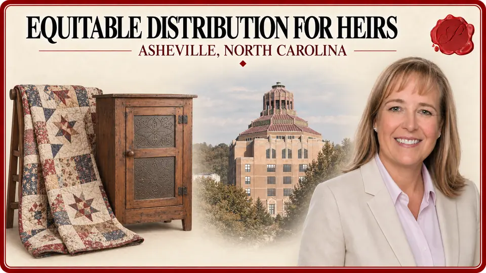 Equitable distribution for heirs in Asheville, North Carolina, with a quilt on a stand, wooden pie safe, City Hall and an appraiser.