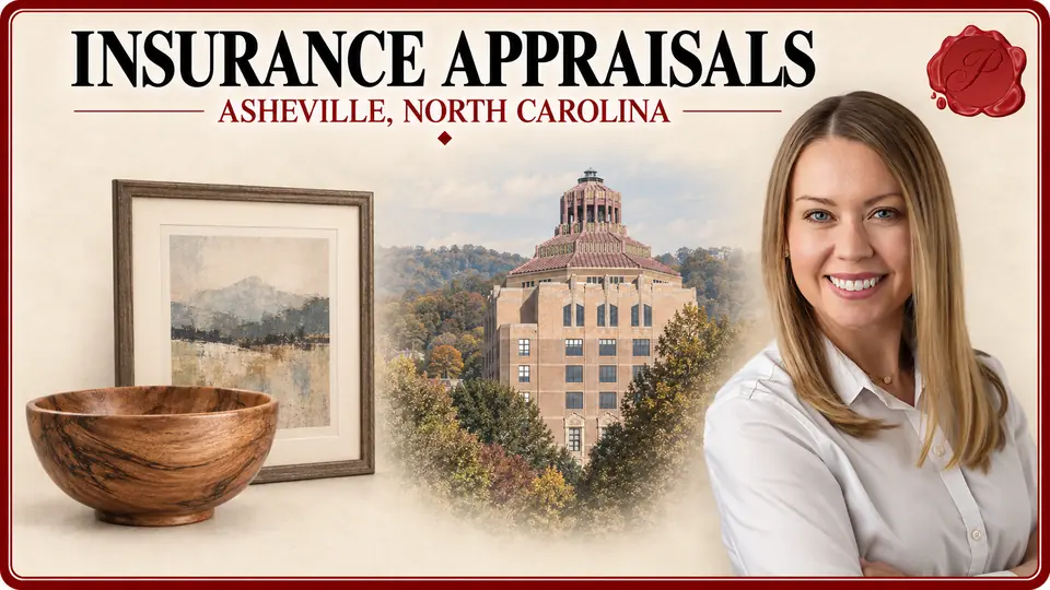 Insurance appraisals in Asheville, North Carolina, with a turned wood bowl, framed print, City Hall and an appraiser.