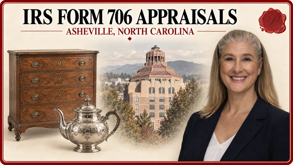 IRS Form 706 appraisals in Asheville, North Carolina, with a chest of drawers, silver teapot, City Hall and an appraiser.