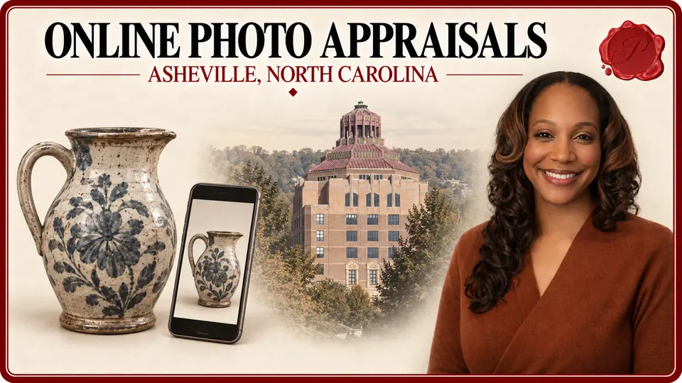 Online photo appraisals in Asheville, North Carolina, with a pottery pitcher and its photograph on a phone beside City Hall and an appraiser.