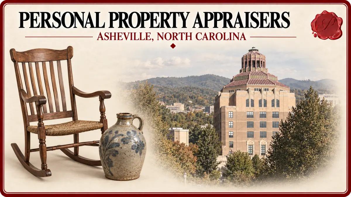 Personal property appraisers in Asheville, North Carolina, with a walnut rocking chair, pottery jug and City Hall.