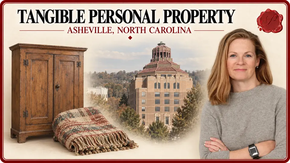 Tangible personal property in Asheville, North Carolina, with a wooden cupboard, woven coverlet, City Hall and an appraiser.