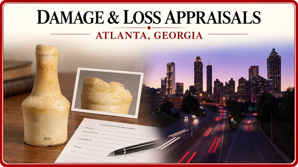 Worn alabaster flask and condition-record photographs with the Atlanta skyline.