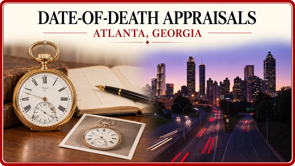 Antique pocket watch and inventory notebook with the Atlanta skyline.