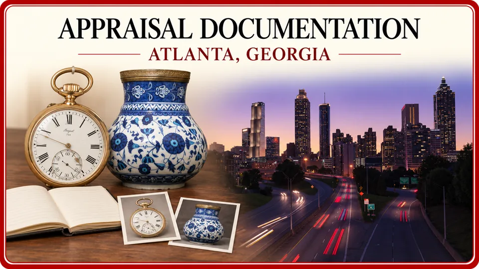 Pocket watch, ceramic vase and appraisal documentation with the Atlanta skyline.
