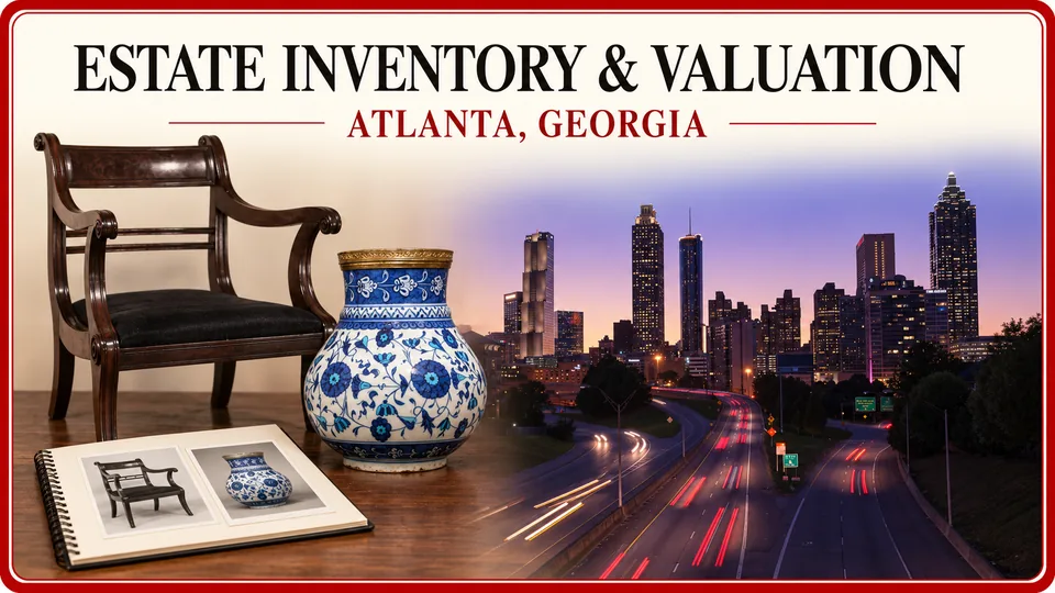 Antique armchair, ceramic vase and illustrated inventory with the Atlanta skyline.