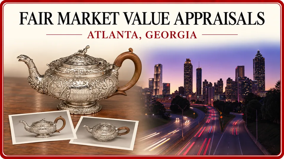 Silver teapot and reference photographs with the Atlanta skyline.