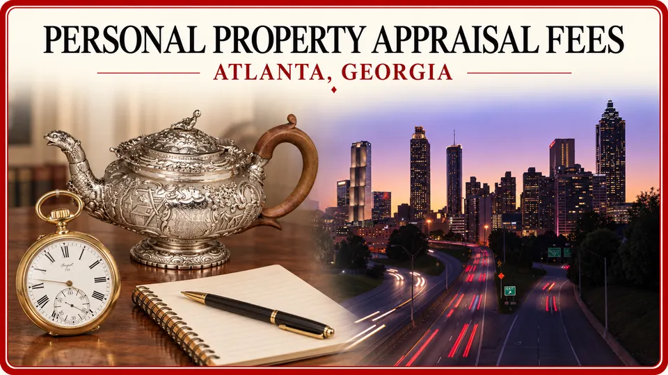 Antique pocket watch, silver teapot and scope-planning notebook with the Atlanta skyline.