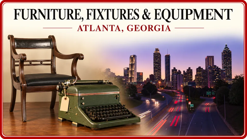 Freestanding typewriter and antique armchair with the Atlanta skyline.