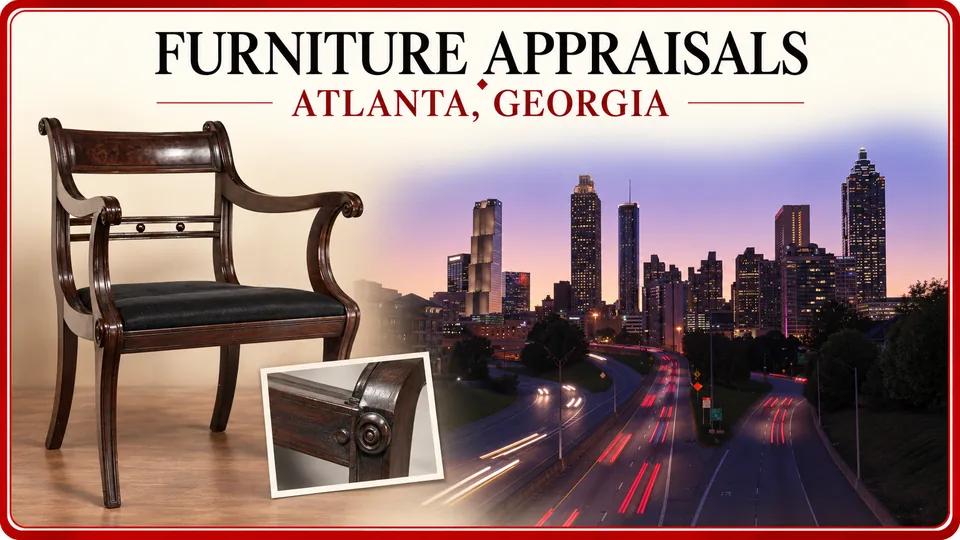 Antique armchair and construction-detail photograph with the Atlanta skyline.