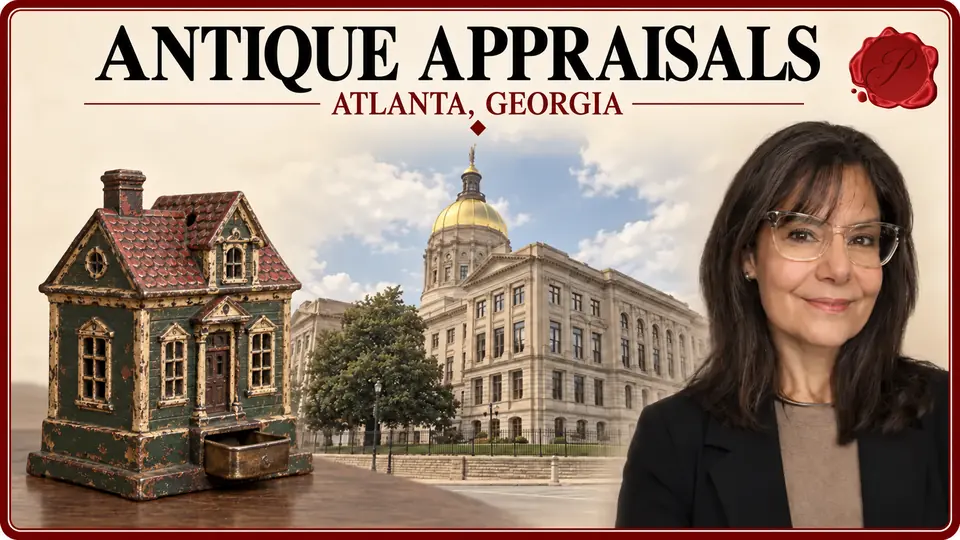 Antique appraisal illustration showing a house-shaped cast-iron coin bank, the Georgia State Capitol and an appraiser portrait in Atlanta, Georgia.