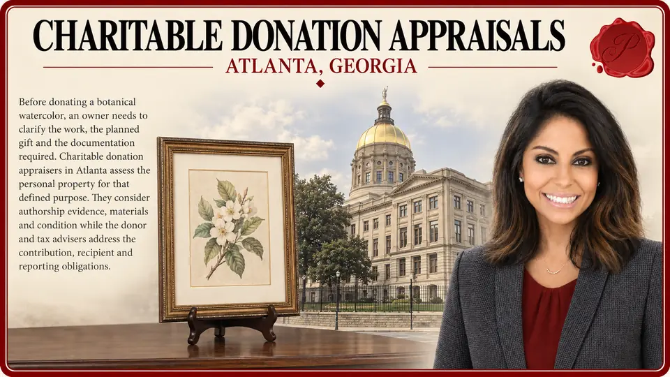 Charitable donation appraisals in Atlanta, Georgia: one framed botanical watercolor on paper with Georgia State Capitol and an appraiser.