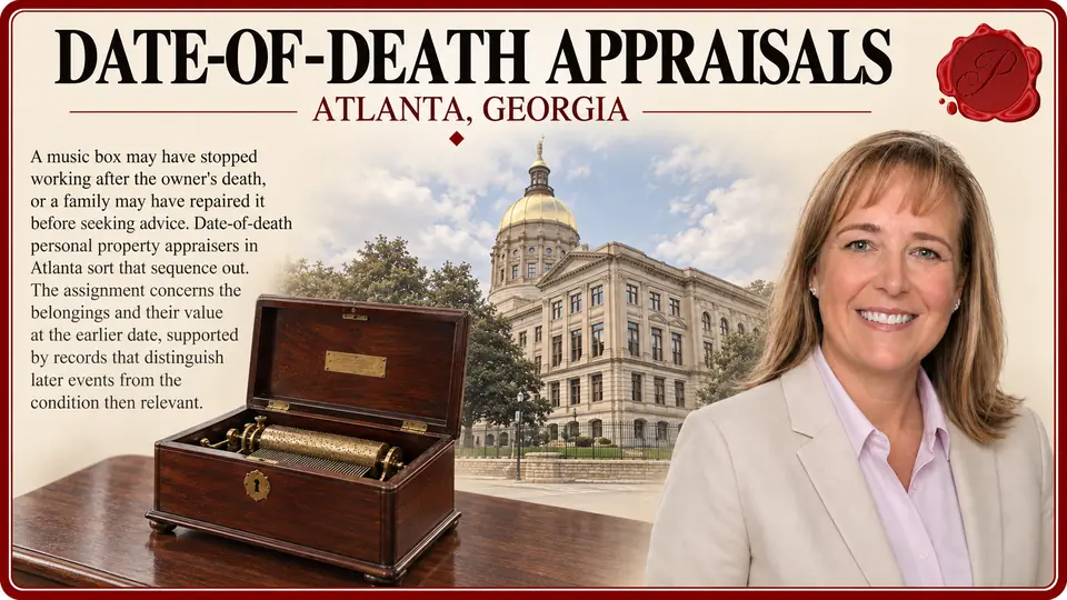 Date-of-death appraisals in Atlanta, Georgia: one antique mahogany music box with lid open and visible cylinder with Georgia State Capitol and an appraiser.