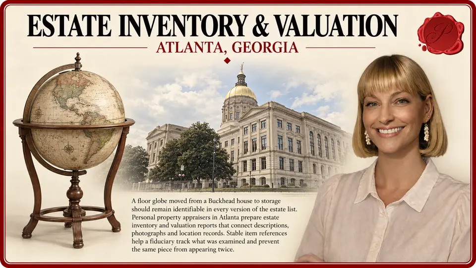 Estate inventory & valuation in Atlanta, Georgia: one vintage floor-standing globe with wood cradle with Georgia State Capitol and an appraiser.