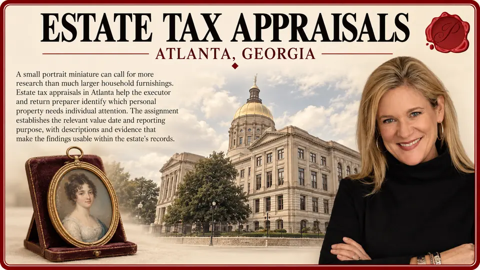 Estate tax appraisals in Atlanta, Georgia: one antique oval portrait miniature in a simple gilt frame with Georgia State Capitol and an appraiser.