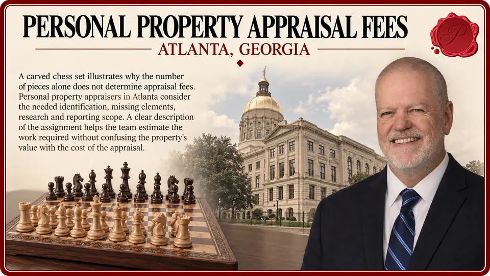 Personal property appraisal fees in Atlanta, Georgia: one wooden chess set with board and pieces arranged for the opening position with Georgia State Capitol and an appraiser.