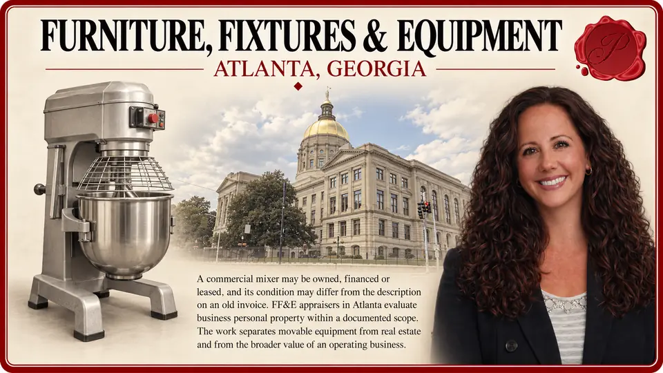 Furniture, fixtures & equipment in Atlanta, Georgia: one commercial floor-standing planetary mixer with bowl with Georgia State Capitol and an appraiser.