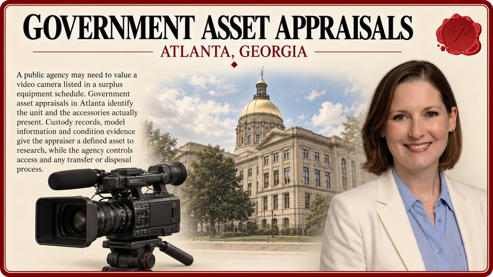Government asset appraisals in Atlanta, Georgia: one professional digital video camera with attached lens on a simple support with Georgia State Capitol and an appraiser.