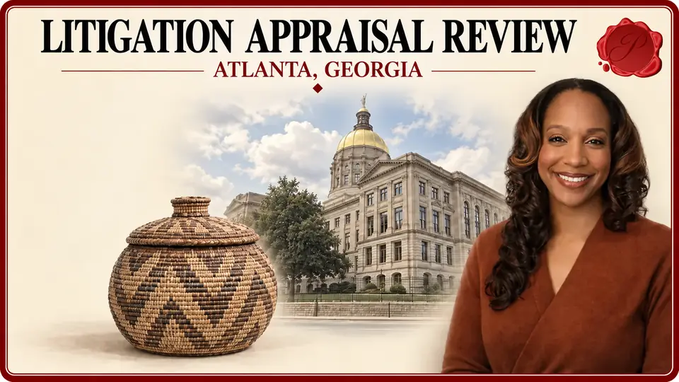 Litigation appraisal review illustration showing a lidded woven basket, the Georgia State Capitol and an appraiser portrait in Atlanta, Georgia.