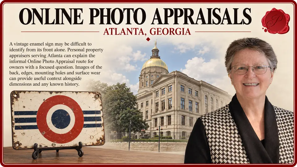 Online photo appraisals in Atlanta, Georgia: one vintage enamel advertising sign with simple generic geometric design and no brand words with Georgia State Capitol and an appraiser.