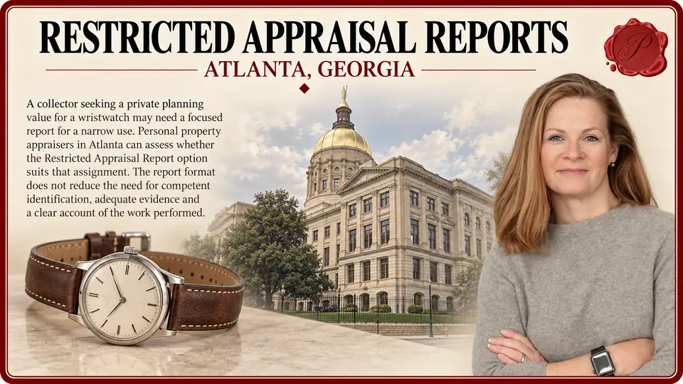 Restricted appraisal reports in Atlanta, Georgia: one vintage mechanical wristwatch on an unfolded leather strap with Georgia State Capitol and an appraiser.