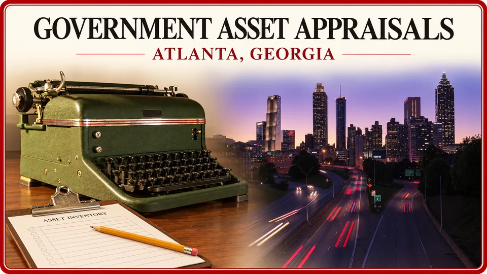 Freestanding green typewriter and asset-inventory clipboard with the Atlanta skyline.