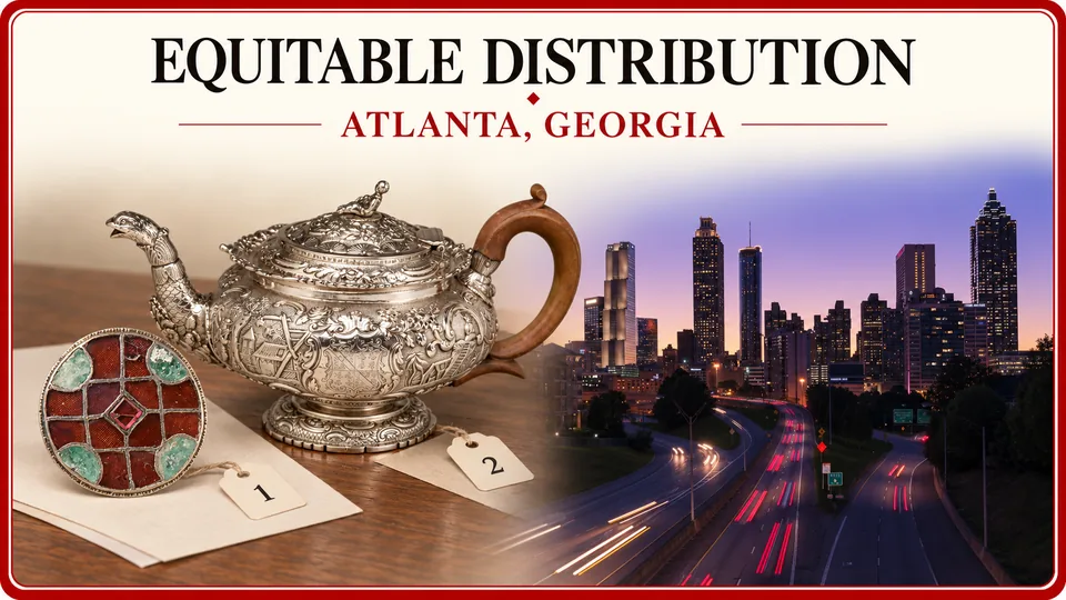 Antique brooch and silver teapot with inventory tags with the Atlanta skyline.