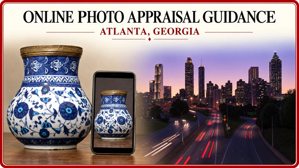 Blue-and-white ceramic vase photographed on a smartphone with the Atlanta skyline.
