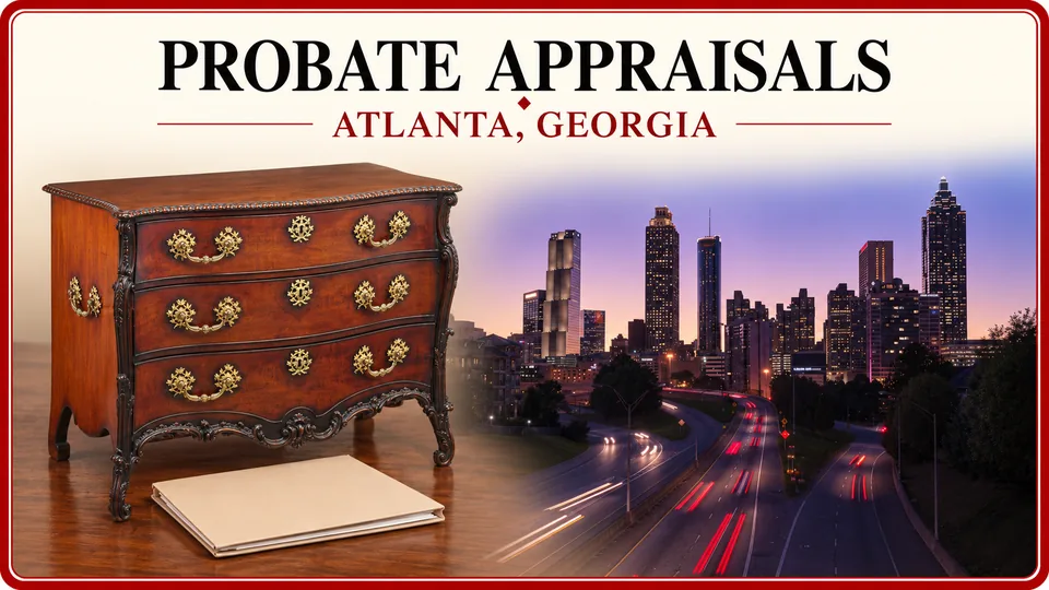 Antique wooden commode and document folder with the Atlanta skyline.