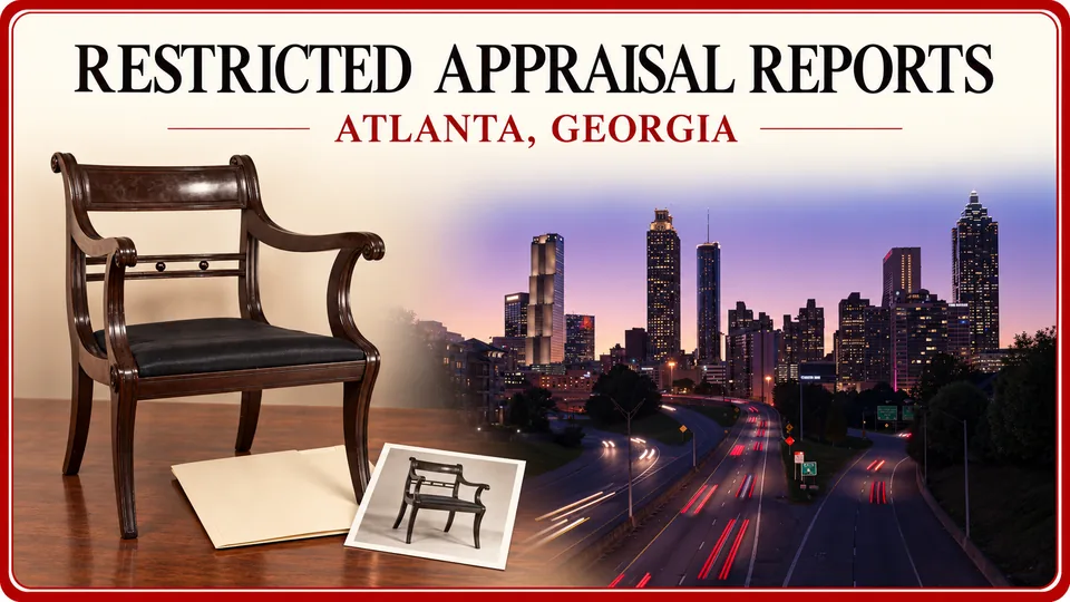 Antique armchair, document folder and reference photograph with the Atlanta skyline.